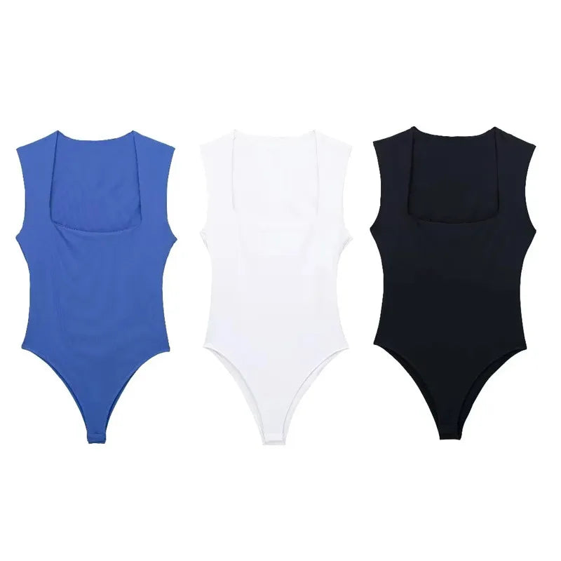 MUJER 2026 Black Woman Body Square Neck Sleeveless Bodysuit Women Blue White Sexy Tight Bodysuit Lingerie Bodycon Summer Tops