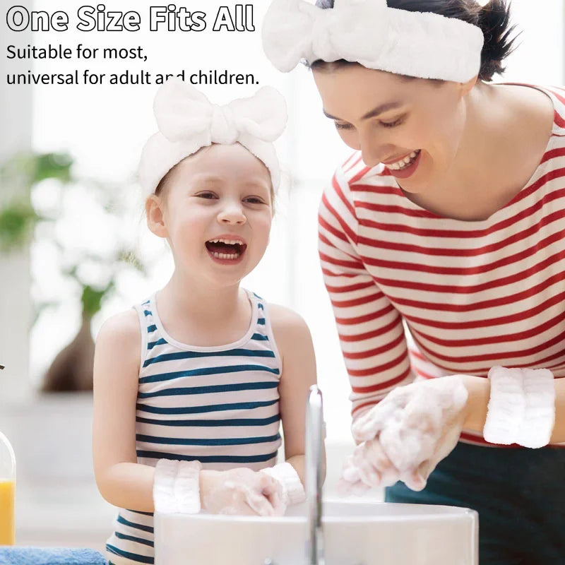 Spa Headband with Wrist Towels for Face Washing Set Elastic Bow Headbands with Highly Absorbent Wristbands for Shower Skincare