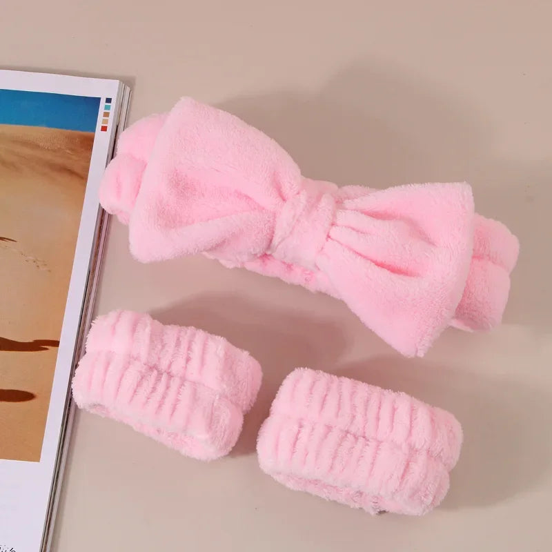 Spa Headband with Wrist Towels for Face Washing Set Elastic Bow Headbands with Highly Absorbent Wristbands for Shower Skincare