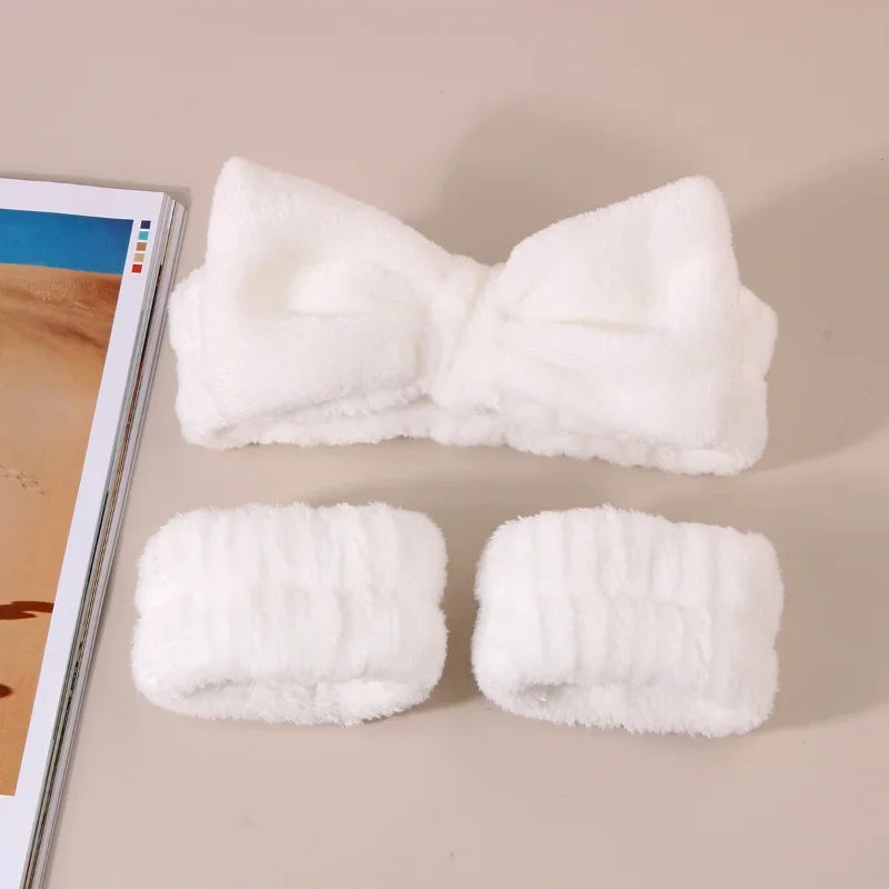 Spa Headband with Wrist Towels for Face Washing Set Elastic Bow Headbands with Highly Absorbent Wristbands for Shower Skincare