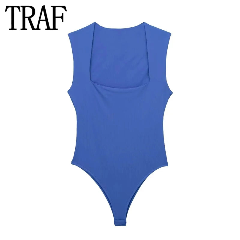 MUJER 2026 Black Woman Body Square Neck Sleeveless Bodysuit Women Blue White Sexy Tight Bodysuit Lingerie Bodycon Summer Tops