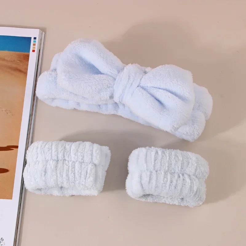 Spa Headband with Wrist Towels for Face Washing Set Elastic Bow Headbands with Highly Absorbent Wristbands for Shower Skincare