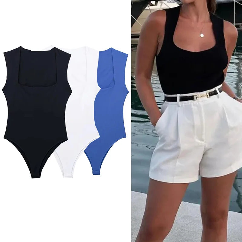 MUJER 2026 Black Woman Body Square Neck Sleeveless Bodysuit Women Blue White Sexy Tight Bodysuit Lingerie Bodycon Summer Tops